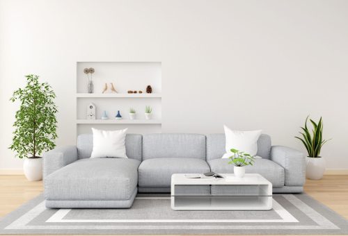 Gray sofa in white living room interior with copy space, 3D rendering